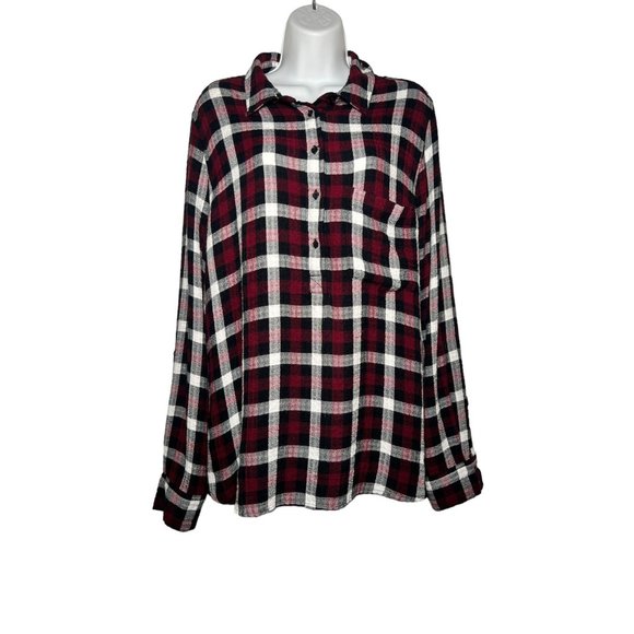 pistola Tops - Pistola Plaid Woven Flannel Popover Shirt Collared Roll Tab Sleeve Black Red XL